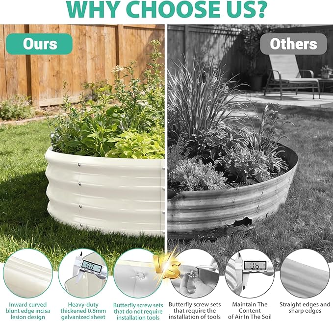 3FT Diameter Galvanized Garden Raised Bed/Plant Box/Fire Pit Ring - 0.8mm Thick,12 Inch Tall,Perfect for Planting a Variety of Flowers,Herbs,Vegetables (Cream White, 36 Dia X 12 inches)