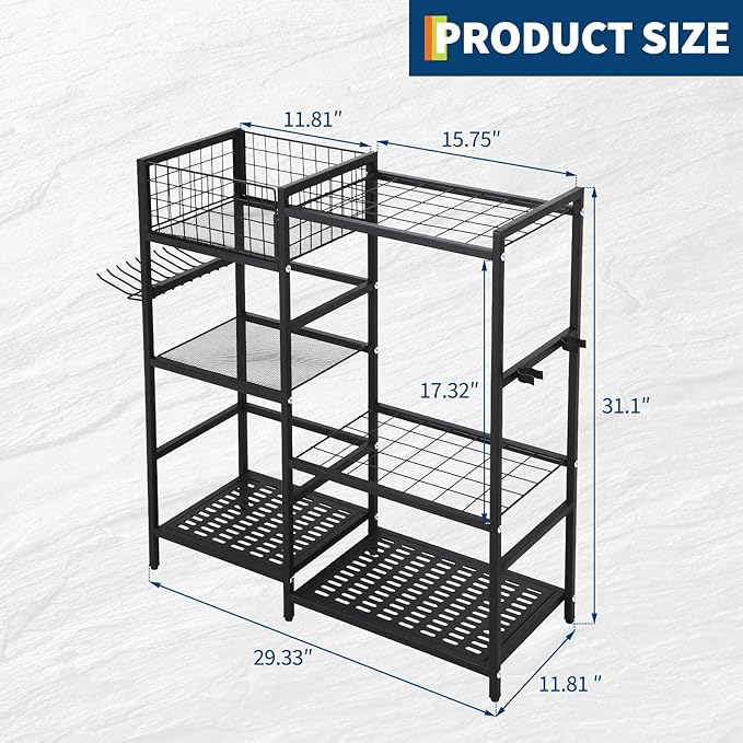 CuisinSmart Garden Tool Organizer With Basket,3 Tier Yard Storage Rack,With 6 Shelves,Heavy Duty Holder With 35 Long-Handled Slots for Yard Shed and Lawn