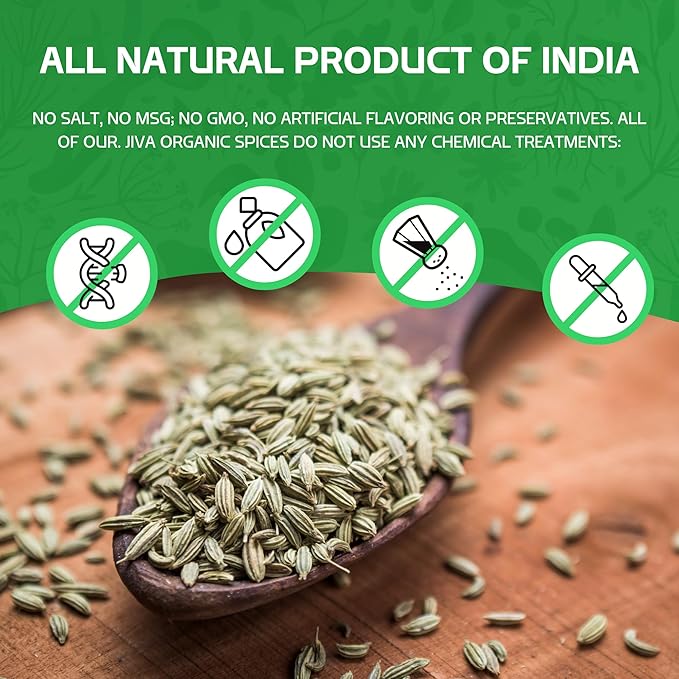 Jiva Organic Fennel Seeds 7 Oz Bag - Non-GMO, Certified, Vegan - Resealable Bag - Product of India