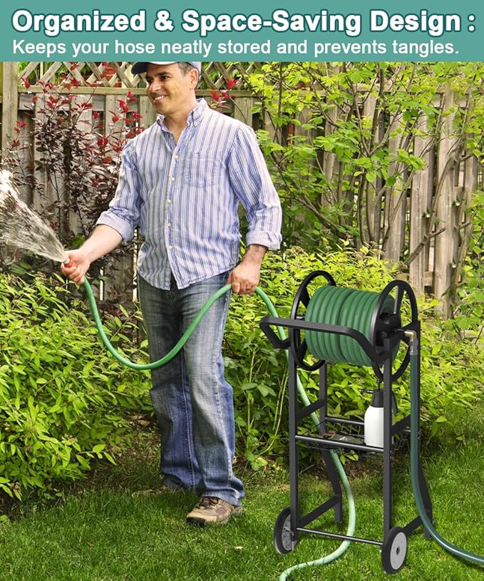 Garden Hose Reel Cart with Wheels, Outdoor Heavy Duty Powder Coated Steel Water Winder Storage Holds 125 ft 5/8" Hoses with 3.9ft Leader Hose and Basket for Backyard, Yard, Lawn, Black
