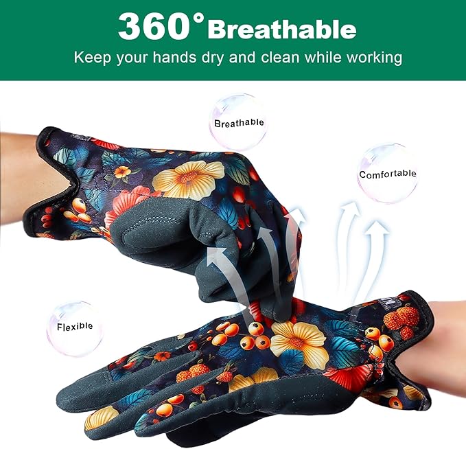 Gardening Gloves for Women, Flexible Breathable Garden Gloves, Leather Working Gloves for Weeding, Digging and Pruning (Flowers and Berries, Small)