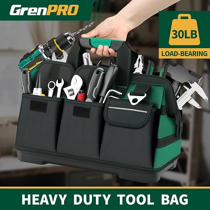 Heavy Duty Tool Bag 18Inch, 18-Pocket Molded Bottom Toolbox Organizer Portable Waterproof, Upgraded Handle Tool Bag for Mechanics, DIY, Valentines Day Gifts for Him Dad Men