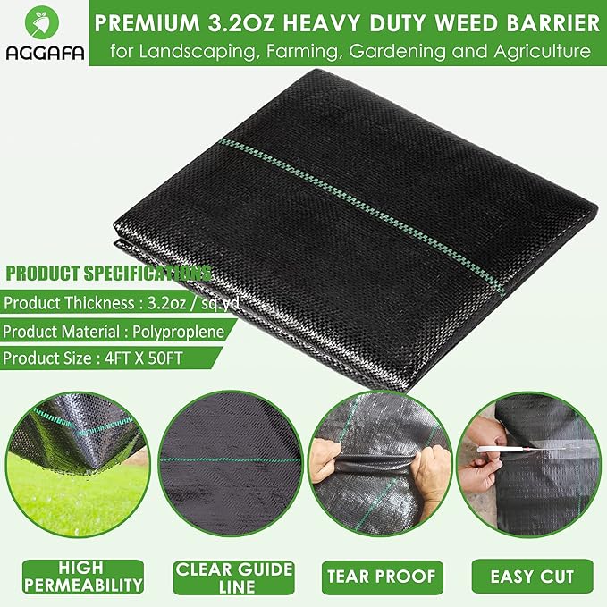 (4ft x 50ft 100% Virgin Material. Premium Heavy Duty Weed Barrier Fabric for Landscaping, Farming, Gardening and Agriculture. Durable Woven Landscape Fabric
