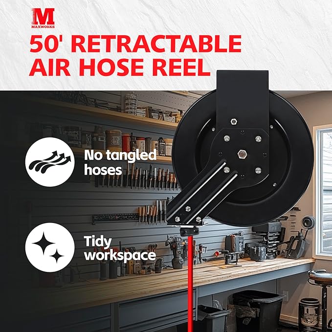 MaxWorks 50 Foot Auto Rewind Retractable Air Hose Reel with 3/8" Rubber Hose 250 PSI Heavy Duty Steel Spring Multi Position Ratchet and Solid Brass Fittings for Garage and Workshop (80720)