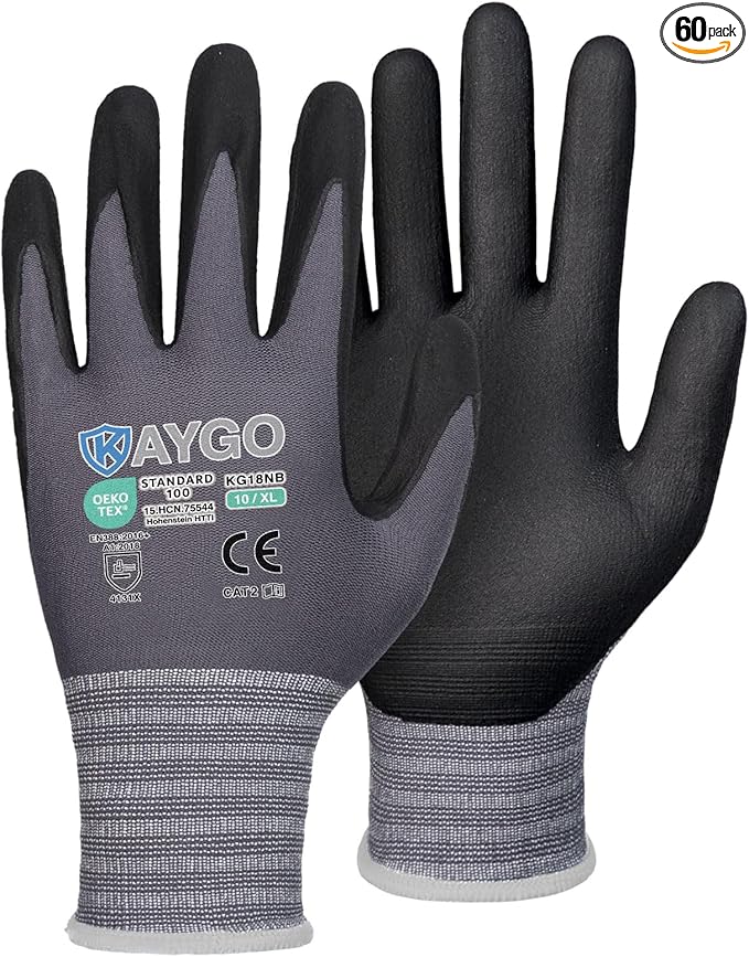 KAYGO Safety Work Gloves MicroFoam Nitrile Coated, 60 Pairs KG18NB,Seamless Knit Nylon Glove for Men and Women, Ideal for Automotive,Warehouse,Construction (X-Large,Gray)
