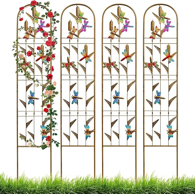 4 Pack Metal Garden Trellis with Colorful Dragonfly Outdoor Decoration Arched Fence Trellis for Climbing Plants for Patio, Backyard