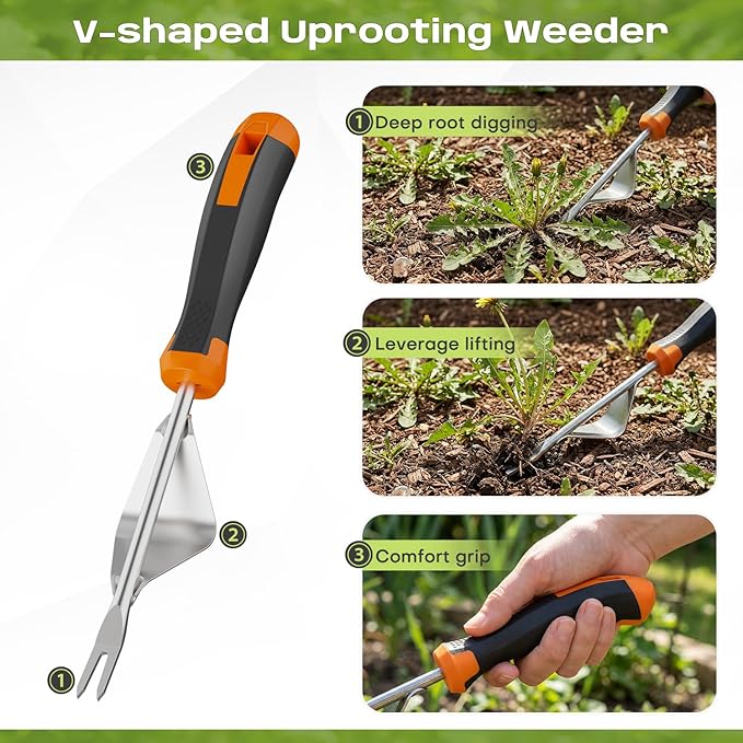fishark Weed Puller Tool Set, 3 Pack Manual Weed Puller with Ergonomic Handle, Stainless Steel Crack Weeder and Uprooting Tool for Garden, Patio, Lawn, Driveway and Paving Stones
