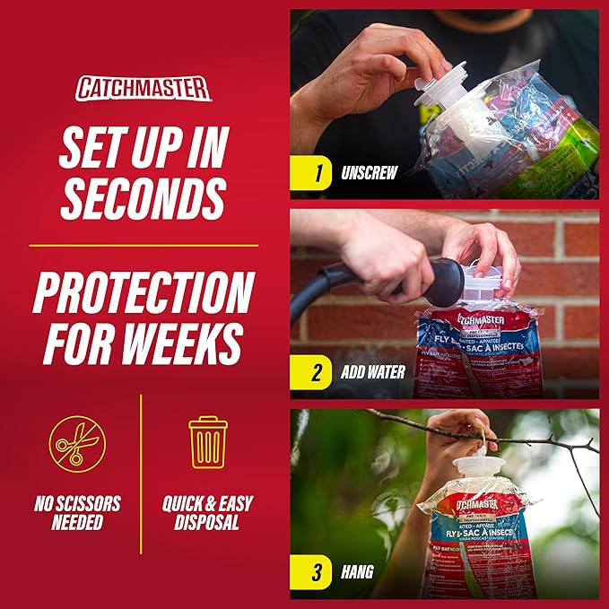 Catchmaster Pro Series Extra-Large Outdoor Fly Trap w/No-Mess Lid 8-Pack - Hanging Fly Trap Outdoor Home, Bug Catcher and Flying Insect Trap with Premium Food Lure for Backyard, Pool, Patio & Camping