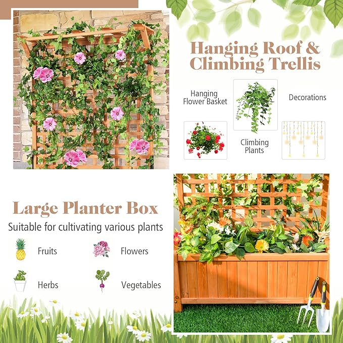 Wooden Planter Box with Trellis, 72.5” Freestanding Garden Planter w/Hanging Roof, 4 Drainage Holes & Lattice Panel, Raised Garden Bed with Trellis for Vine Climbing Plants Flowers (2)