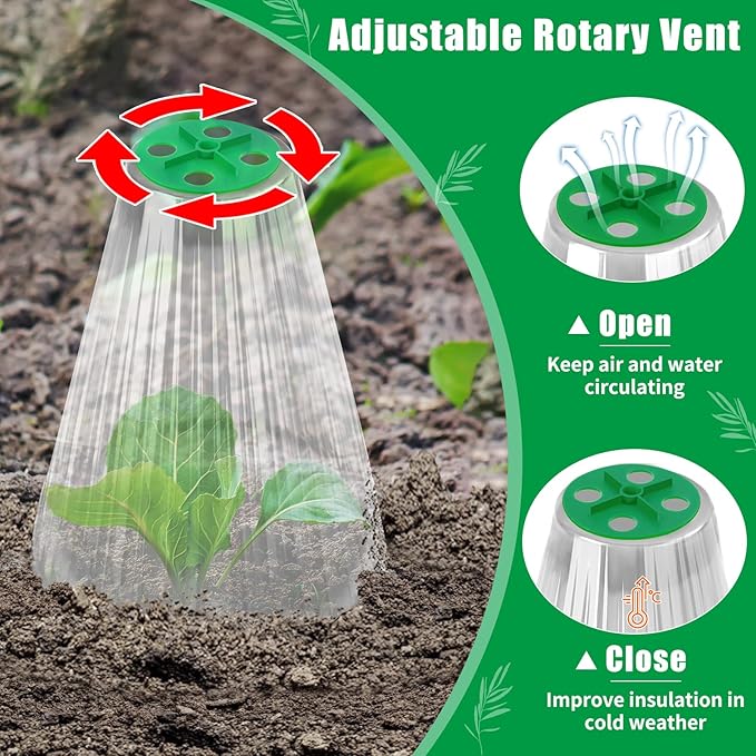 UQM 20 Pack Garden Cloches for Plants, Reusable Bell Plant Protector with Rotary Vent Cover, Garden Protection from Animals Snails Birds Chickens Insect, 9.18" H X7.56 D (Clear)