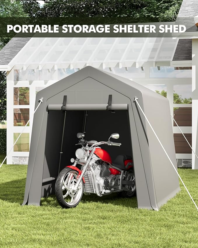 GarveeLife 6 x 8 ft Carport Storage Shed, Portable Garage with Roll-up Zipper Door, Heavy Duty Waterproof Tarp, Storage for Motorcycle, Bike, Firewood, Garden Tools