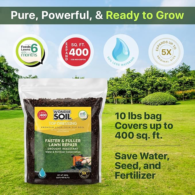 Premium Nutrient Rich Lawn Top Dressing Turf Expanding Coco Coir Mix – 10 LB Covers up to 400 sq. ft. – Grow Thicker Greener Grass in Drought Heat Conditions – Save Water, Seed, & Fertilizer