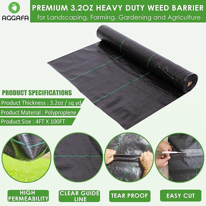 (4ft x 100ft 100% Virgin Material. Premium Heavy Duty Weed Barrier Fabric for Landscaping, Farming, Gardening and Agriculture. Durable Woven Landscape Fabric