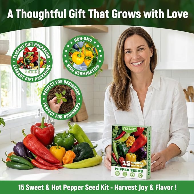 15 Sweet & Hot Peppers Seeds Variety Pack Jalapeño, Serrano, Cayenne, Bell, Habanero, Cubanelle, Big Red & More Hot & Sweet Heirloom Non-GMO Peppers Collection Survival Garden Seeds