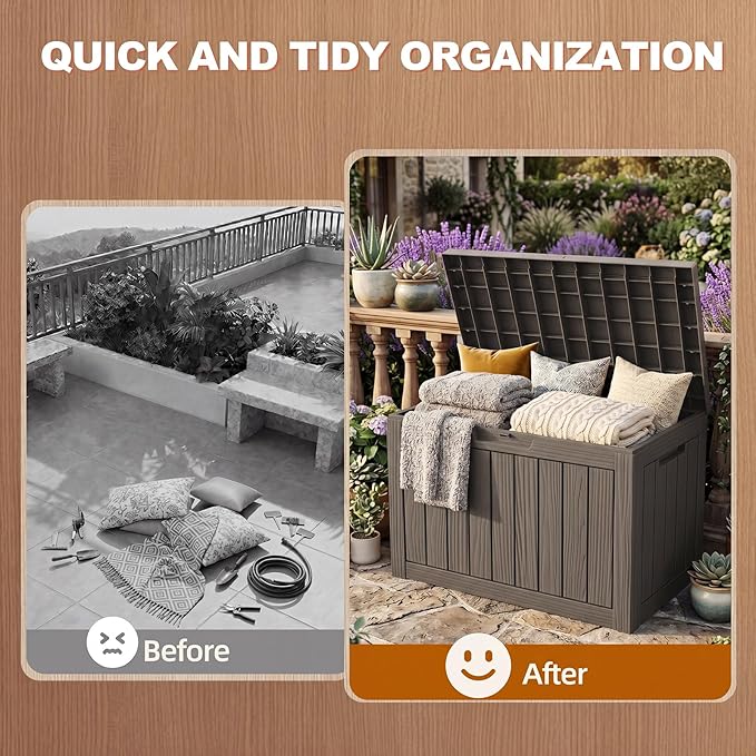 EFU Outdoor Storage Box 55 Gallon Deck Box (Indoor & Outdoor) Lockable UV Resistance Waterproof Resin Storage Bin Storage Box for Outdoor,Patio Storage(Taupe)