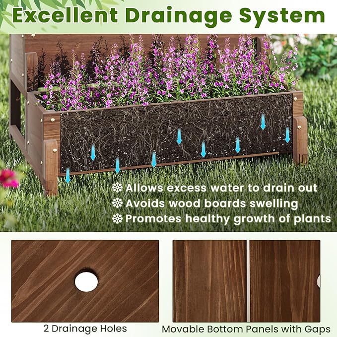 Giantex Raised Garden Bed with Legs and Trellis, 2-Tier Standing Planter Box with Drain Holes, Outdoor Elevated Garden Trellis for Vine Climbing, Flower Vegetable Fruit Herb Growing, Rustic Brown