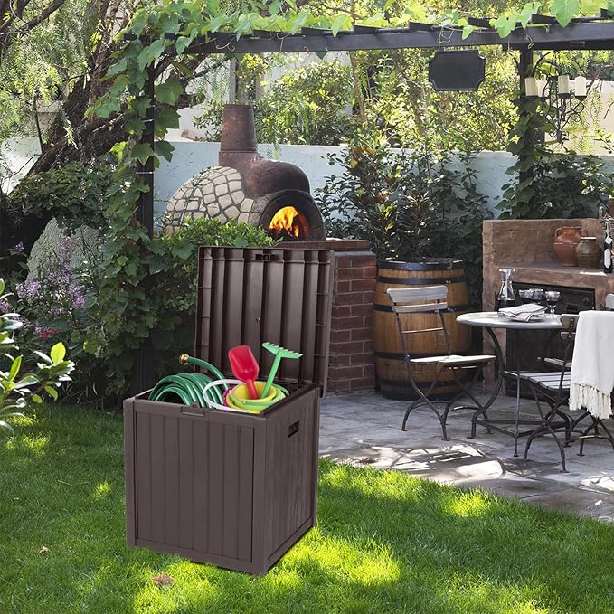 VINGLI 51 Gallon Medium Deck Box Organization, Resin Storage Box for Patio Furniture or Tools, Indoor & Outdoor Lockable Container Box for Garden, Pool, Yard, Porch and Balcony (brown)
