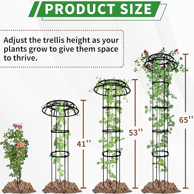 4-Ring Mushroom Top Trellis for Climbing Plants, 65 Inch Tall Adjustable Plant Support for Outdoor Indoor Garden, Sturdy Metal Core with Plastic Coating, Black