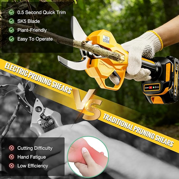 1.6"/ 41mm Electric Pruning Shears, Cordless Electric Scissors LCD Display＆SK7 Blades, 21V Brushless Motor Branch Cutter with 2 PCS Rechargeable 2000mAh Batteries & 2 Blades (Yellow)