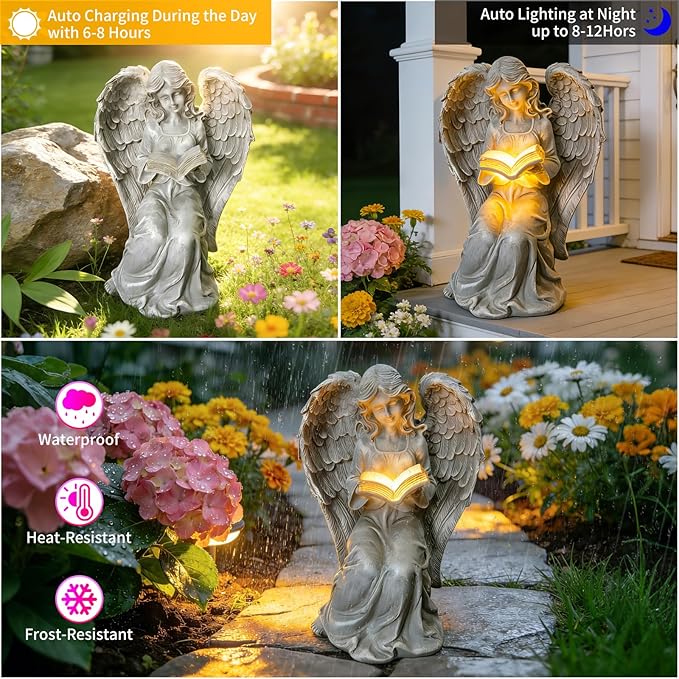 Solar Garden Outdoor Angel Book Statues,Book Lovers for Balcony Patio Lawn Table Yard Ornaments, Solar Resin Fairy Waterproof LED Lights,Birthday Gifts for Women Mom Grandma