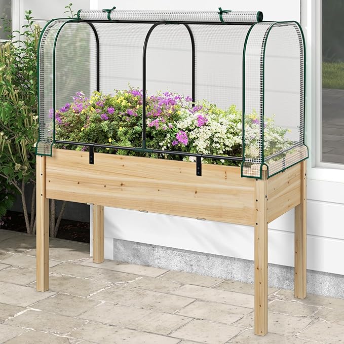Happygrill Raised Garden Bed with Greenhouse Cover, Raised Bed with Legs & Drainage Holes for Herbs, Vegetables, Outdoor Wood Elevated Planter Box for Patio, Backyard, Balcony (White+Natural)