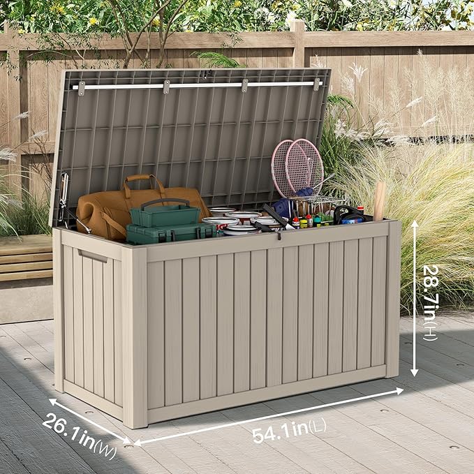 Mars Villa 150 Gallon Outdoor Storage Box, Large Resin Deck Box Waterproof, for Pool Supply Storage, Outdoor Patio Furniture Cushion, with Hydraulic Hinge, UV-Resistant and Weatherproof, Greige