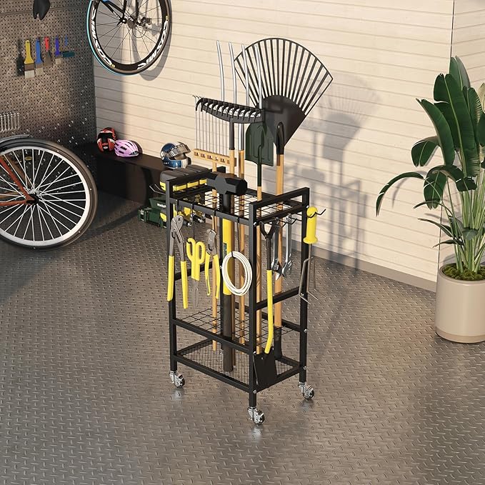 Garden Tool Organizer Garage Storage: Power Tool Organizer Shelving Tool Holder Drill Rack Shelf Rolling Cart Tool Chest Box with Wheels Gift for Men Dad