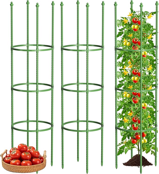 Fabulas Tomato Cage, 59 Inch Adjustable Tomato Plant Support Cages for Garden and Pots, Steel Core Plastic Coated Trellis for Raised Bed Climbing Plants Cucumber Beans Vegetable Flower Fruit, 3 Pack