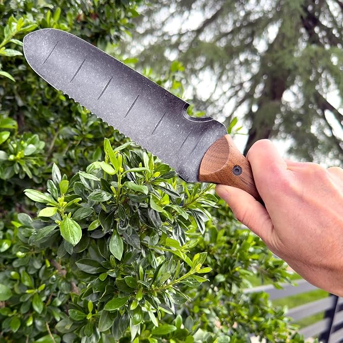 Garden Guru Hori Hori Gardening Knife for Weeding Digging Pruning & Cultivating - Stainless Steel Full Tang Blade Walnut Wood Handle Marks for Measuring Planting Depth Nylon Sheath for Storage (2pack)