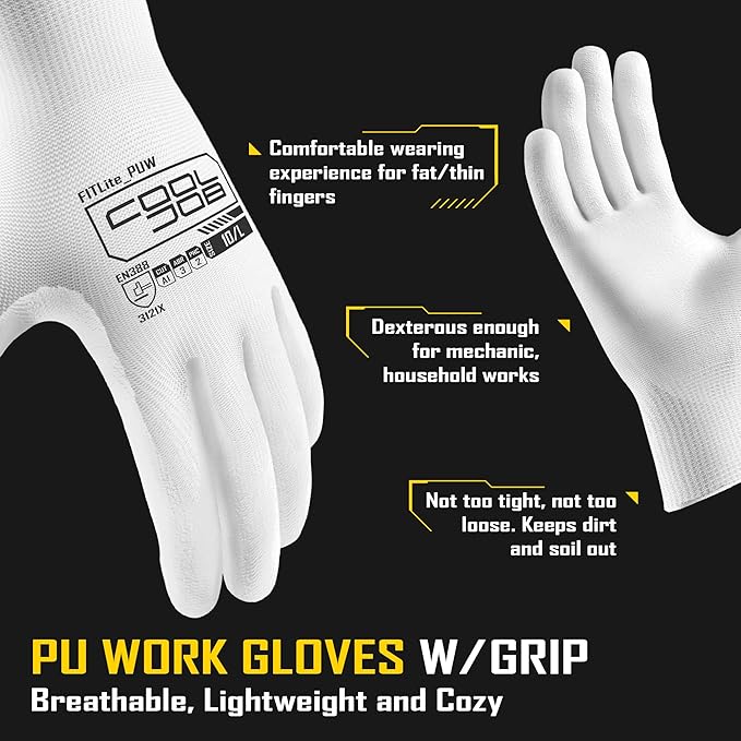 COOLJOB 60 Pairs Safety Work Gloves Pack Bulk with Grip PU Coating, 13 Gauge Seamless Knit Gloves with Polyurethane Dipped for Warehouse Working, Breathable Lightweight for Men Women, White Medium