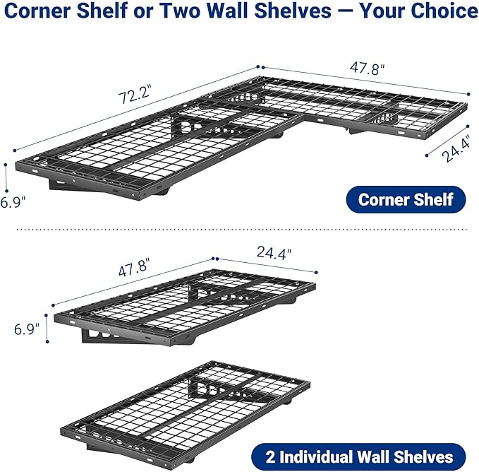 FLEXIMOUNTS 4 Pack 2x4ft Corner Wall Shelving Garage Storage Rack, 24x48 inch Floating Shelves, 1320lbs Total Weight Capacity, Black