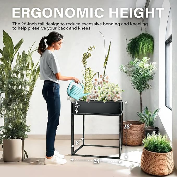 Cocoyard Metal Elevated Planter Box - 28" Raised Garden Bed with Legs for Indoor and Outdoor - Tall Rectangle Planter with Felt Liner, Drainage Holes and Plugs for Vegetables, Herbs and Flowers(Black)
