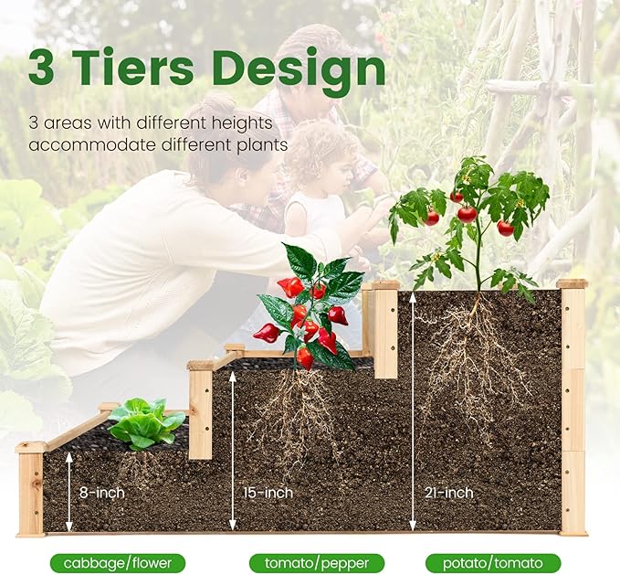 COSTWAY 3-Tier Raised Garden Bed, Wooden Elevated Planter Box for Vegetables Flowers Herbs Fruits, Outdoor Growing Planter Box Stand for Garden, Backyard, Patio, Balcony
