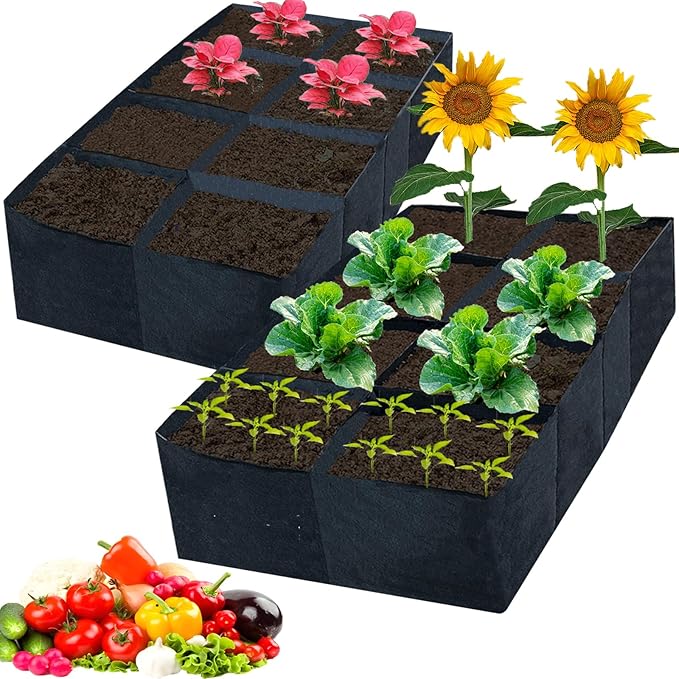 2 Pack Fabric Raised Garden Beds,128 Gallon 8 Grids Thickened Rectangle Plant Grow Bags,Reusable Outdoor Gardening Planting Container Planter Pot for Growing Herbs Flower Gardening Vegetables Chillies