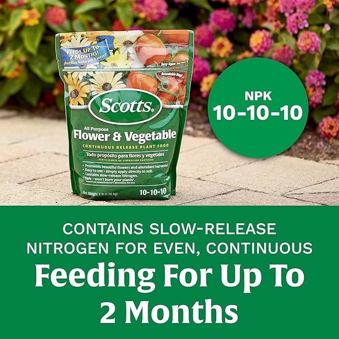 Scotts All Purpose Flower and Vegetable Continuous Release Plant Food, For Outdoor In-Ground Plants, 3 lb.