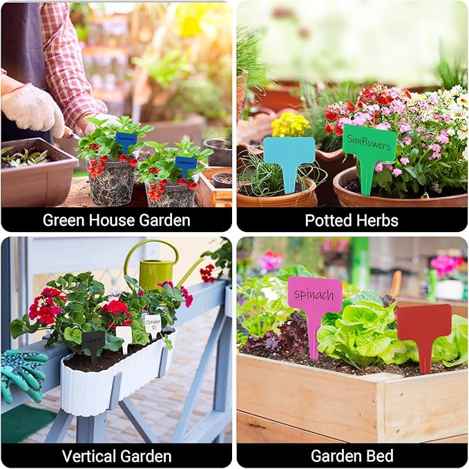 Greaner 4 Inch Plant Identification Stakes, 100 PCS Durable Garden Plant Markers, Plastic Plant Tags with Marker Pen, T-Type Plant Name Stakes for Vegetable, Herb, Flower, Tree(Multicolor)