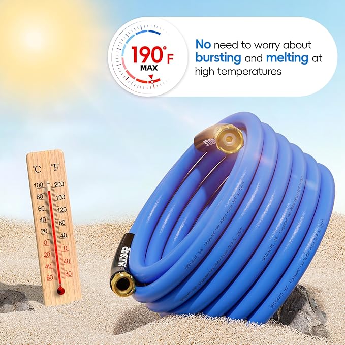 SPECILITE Hot/Cold Garden Water Hose 50 ftx 5/8 in, -50℉ To 190℉, Heavy Duty, Flexible, Burst 605 Psi, Lightweigh, Upgraded Rubber Pipe with 3/4" Brass Fittings For Backyard, Outdoor, Farm, Blue