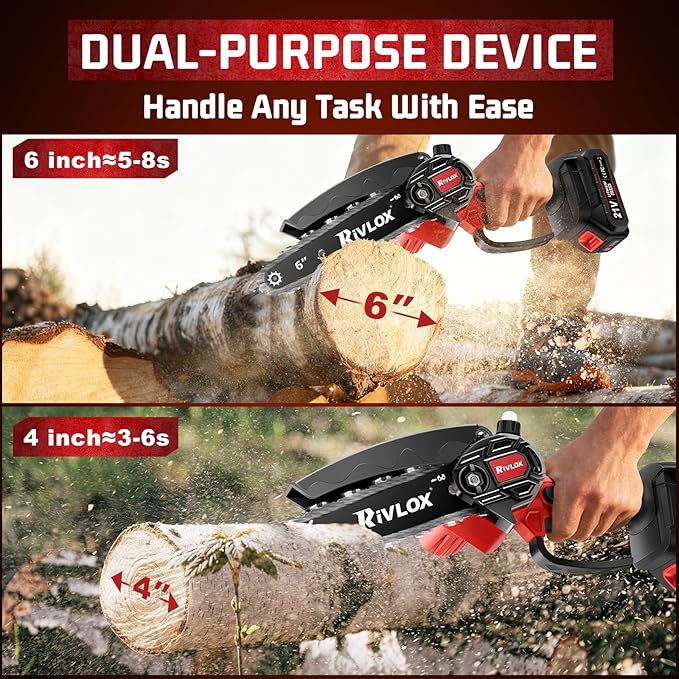 Mini Chainsaw,6 & 4 inch Electric Chainsaws Cordless Battery Powered, One-Hand Portable Handheld Saw for Trees Trimming Wood Cutting,Chain Saw Gift for Men Dad Husband Women (Red-2 Battery)