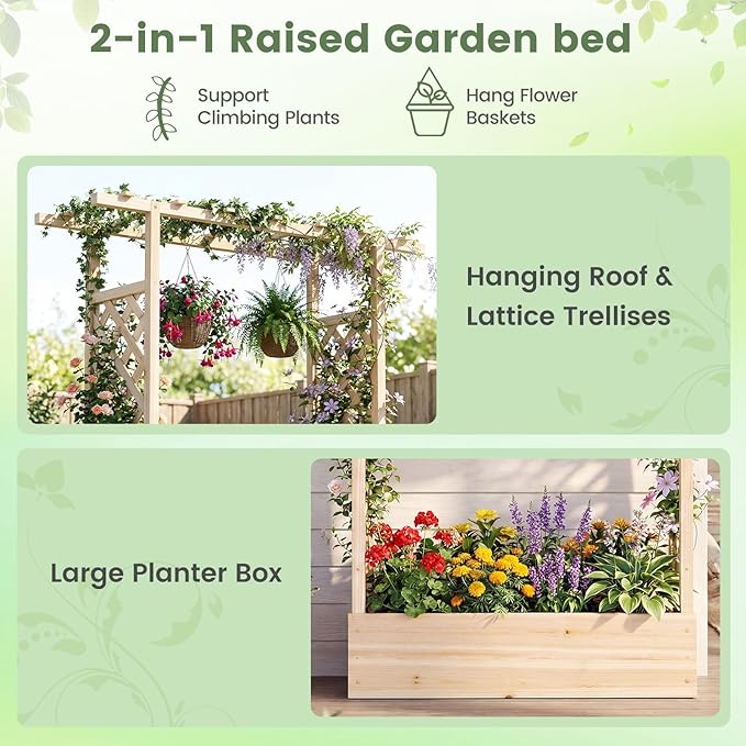Raised Garden Bed with Trellis, Wood Planter Box w/Trellis, Hanging Roof, Drainage Holes, Freestanding Planter Raised Bed for Outdoor Climbing Plants Flowers, Patio Yard Balcony (1, Natural)