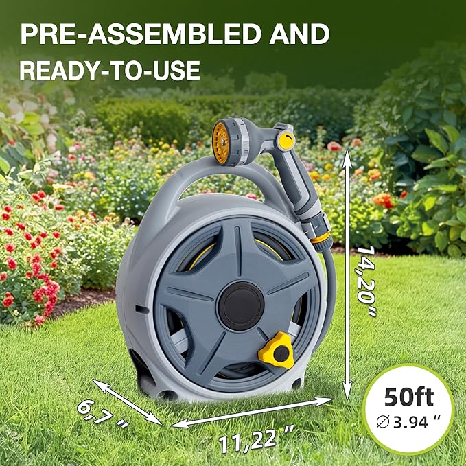 Retractable Garden Hose Reel, 1/2"x 50FT Heavy Duty Hose with 10 Spray Patterns - Leakproof, Durable & Compact Design for Garden Watering, Car Washing, Pet