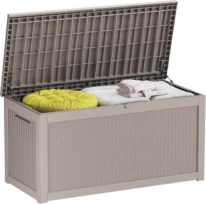 Outdoor Storage Box Waterproof, 320 Gallon Lockable Resin Deck Box, Patio Storage Bin for Pool Accessories Cushion Furniture, Garden Tools, UV-Resistant Outside Delivery Grey