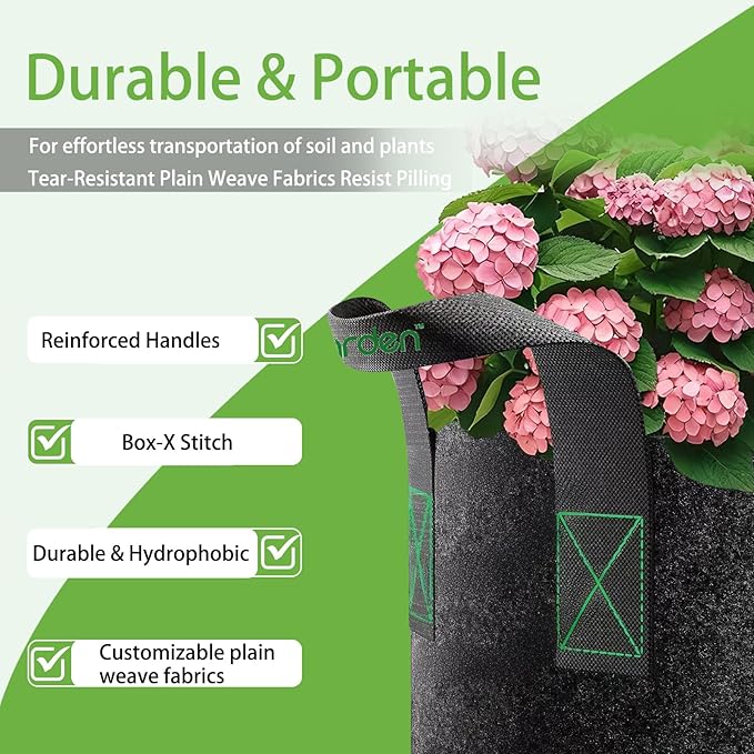 iGarden Grow Bags Tall,15 Gallon Grow Pots 5 Pack with Handles, Heavy Duty 320G Thickened Nonwoven Fabric Plant Bag for Vegetables, Black