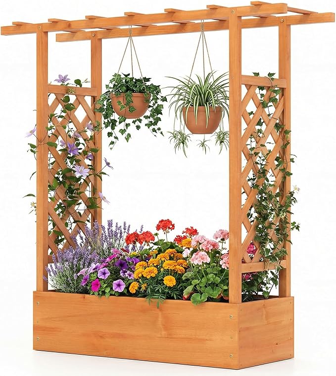Raised Garden Bed with Trellis, Wood Planter Box w/Trellis, Hanging Roof, Drainage Holes, Freestanding Planter Raised Bed for Outdoor Climbing Plants Flowers, Patio Yard Balcony (1, Orange)