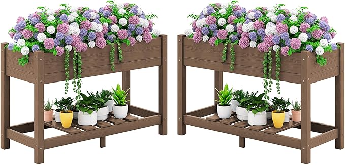 SERWALL Raised Garden Bed with Legs Set of 2, 43"×17"×30" Large HDPE Elevated Planter Box for Vegetables Flower Herb Patio, All Weather Use- Brown