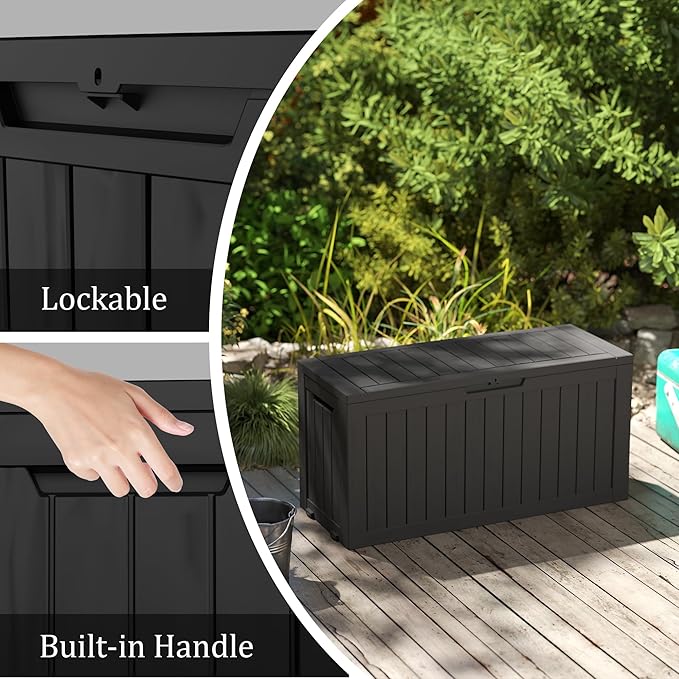 Outdoor Storage Box Waterproof with Wheels, 76 Gallon Lockable Resin Deck Box Patio Storage Bin for Pool Accessories Cushion Furniture, Garden Tools, UV-Resistant Outside Delivery Black