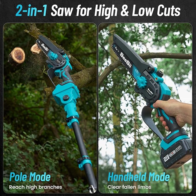 SEESII 2-in-1 Electric Pole Saws for Tree Trimming, 8 Inch Brushless Mini Chainsaw with Extension Pole, Cordless Pole Chain Saw, Tree Trimmer Limb Branch Cutter Pruner with 2 x 4.0Ah Batteries, PS810