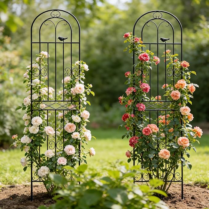 4 Pack 86.7" H x 19.7" WMetal Garden Trellis with Black Coating, Wire Lattice Grid Panel for Climbing Plants Outdoor Roses Vine Cucumbers Vegetables Flower Support (86.7" H, 4 Pack)