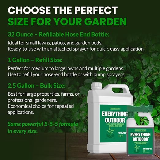 Humboldts Secret Everything Outdoor Plant Food | 5-5-5 Liquid Fertilizer with Norwegian Kelp | All Purpose Lawn, Vegetable & Fruit Food | Garden Nutrients | Refillable Hose End Bottle | 32 Ounce