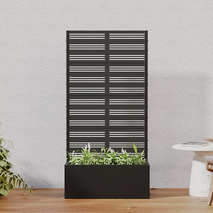 Casaphoria Metal Raised Garden Bed with Trellis, 59"x30"x12" Planter Box for Climbing Plants, Vegetables & Vines, Features Drainage Holes and Privacy Screen, Black-Harold