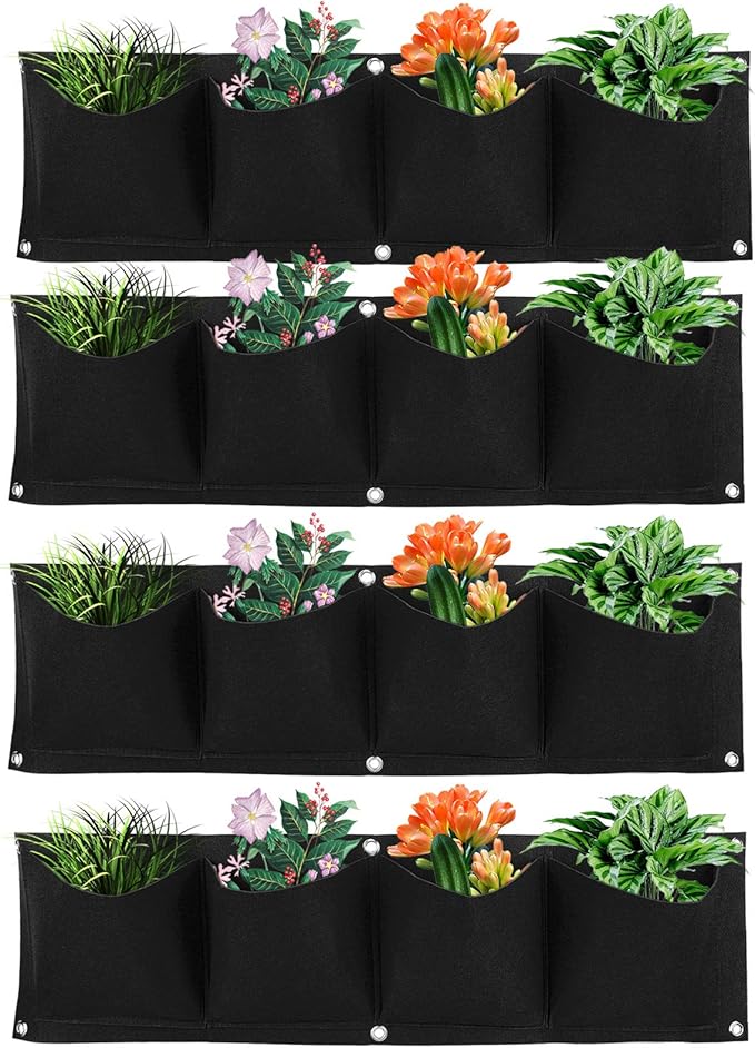 AYNEFY 4Pcs 4 Pocket Hanging Planter Bags, Wall Mounted Reusable Degradable Felt Garden Planter Plant Grow Bag Outdoor Indoor Gardening Vertical Greening Flower Container, Planting Bags (Black)